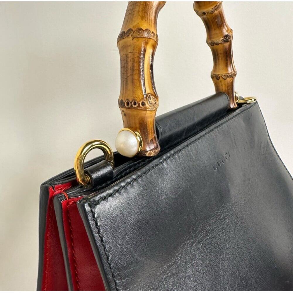 Gucci Nymphaea Bamboo Medium Calfskin Black Leather Top Handle 2-Way Bag Auth - Picture 2 of 2